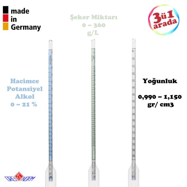 Greinorm Alman Alkolmetre Üç Skalalı Hidrometre + Cam Mezür