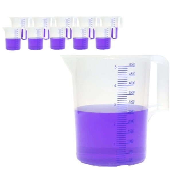 Borox Kulplu Plastik Beher 5L - Mavi Skala Ölçü Kabı 10lu