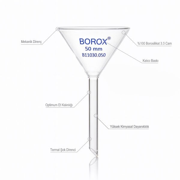 Borox Cam Huni 50 mm - Kısa Saplı Laboratuvar Huni