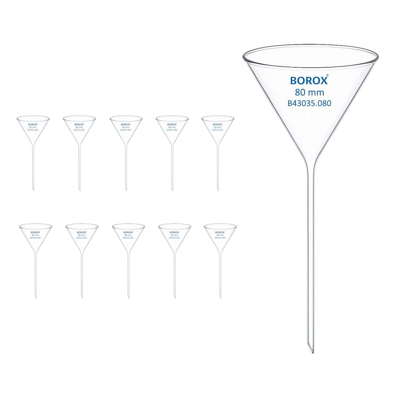Borox Cam Huni 80 mm - Uzun Saplı Laboratuvar Huni - Analitik Huni - 10 Adet Toptan