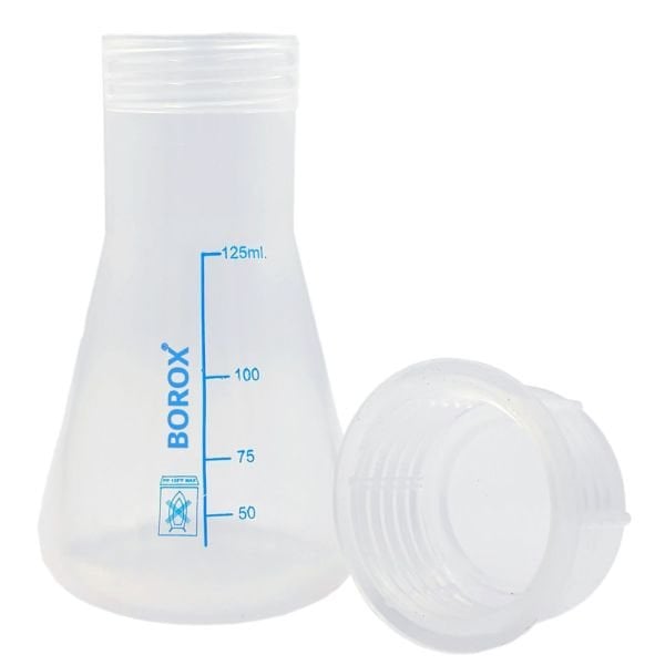 Borox Plastik Erlen 125 ml - Erlenmeyer Flask Vida Kapaklı - Mavi Skala - 12 Adet Toptan