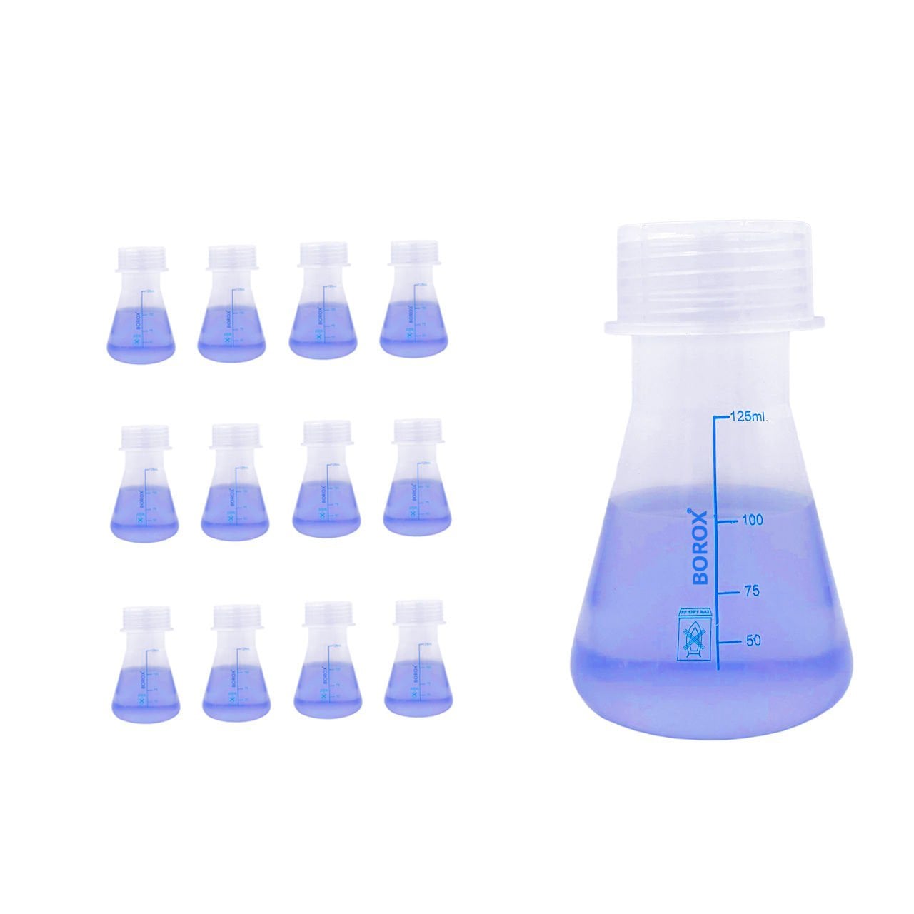 Borox Plastik Erlen 125 ml - Erlenmeyer Flask Vida Kapaklı - Mavi Skala - 12 Adet Toptan