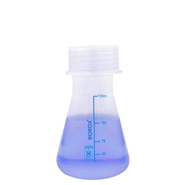 Borox Plastik Erlen 125 ml - Erlenmeyer Flask Vida Kapaklı - Mavi Skala - 12 Adet Toptan