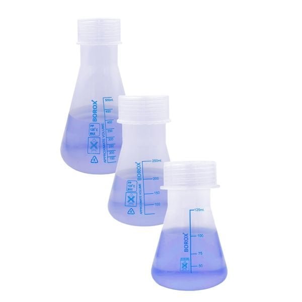 Borox Plastik Erlen 125 ml - Erlenmeyer Flask Vida Kapaklı - Mavi Skala - 12 Adet Toptan