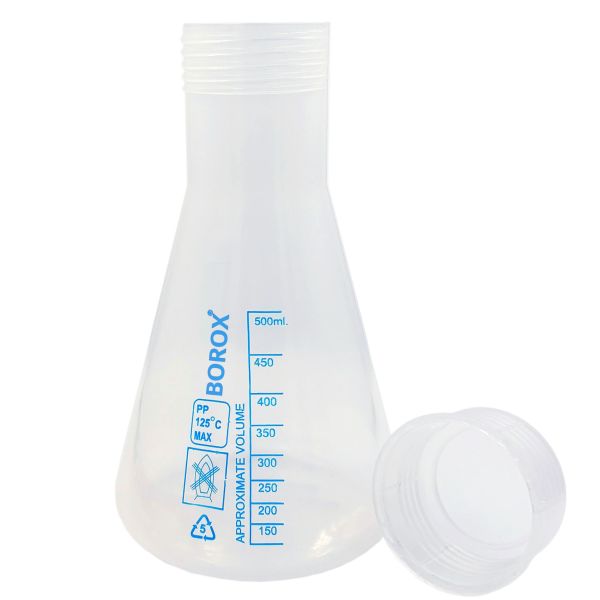 Borox Plastik Erlen 500 ml - Erlenmeyer Flask Vida Kapaklı - Mavi Skala - 12 Adet Toptan