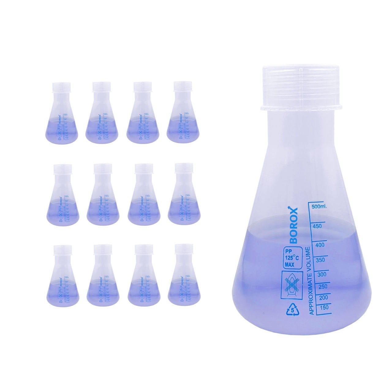 Borox Plastik Erlen 500 ml - Erlenmeyer Flask Vida Kapaklı - Mavi Skala - 12 Adet Toptan