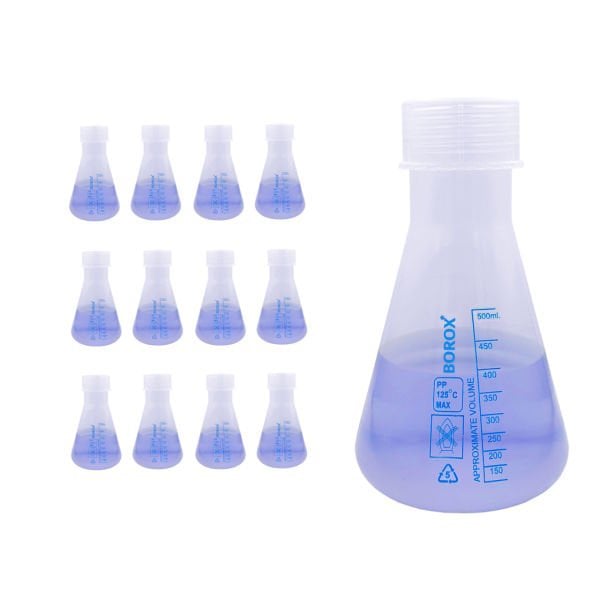 Borox Plastik Erlen 500 ml - Erlenmeyer Flask Vida Kapaklı - Mavi Skala - 12 Adet Toptan