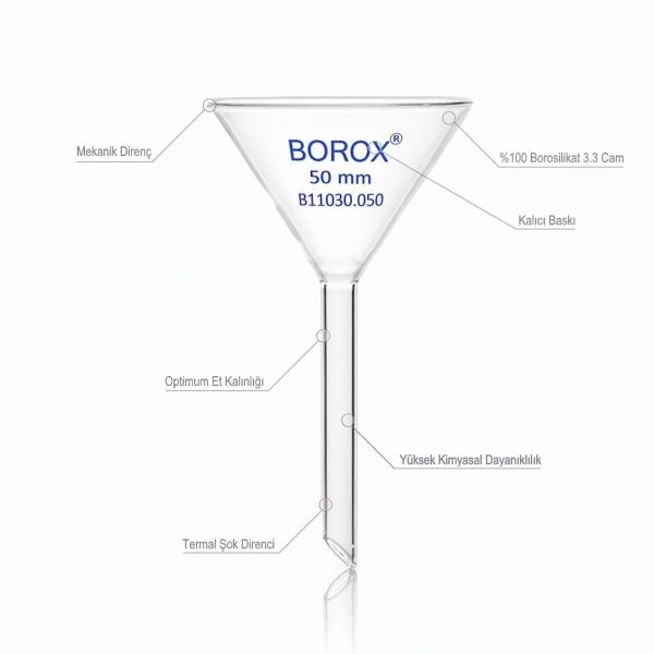 Borox Cam Huni 50 mm - Kısa Saplı Laboratuvar Huni - 10 Adet Toptan