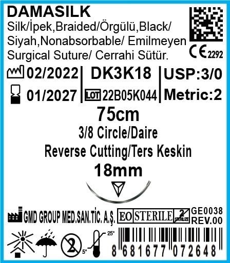 Damasilk Cerrahi Sütür - Emilmeyen Dikiş İpliği - İpek İplik - USP:3-0-75cm - 3/8 Daire 18mm - Ters Keskin İğne