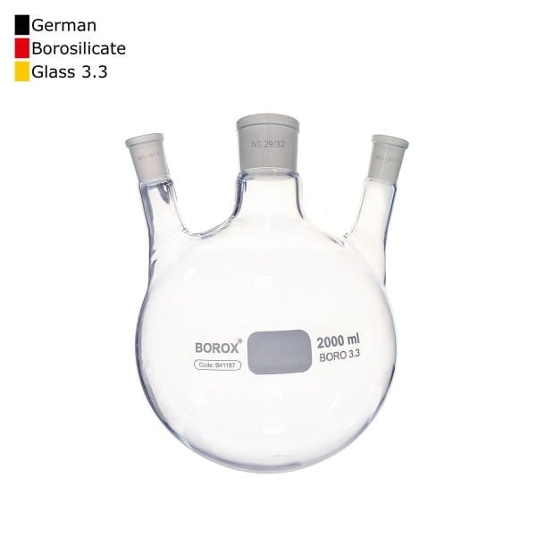 Borox Cam Balon 2000 ml - Dibi Yuvarlak Şilifli - Üç Boyunlu 29/32-19/26