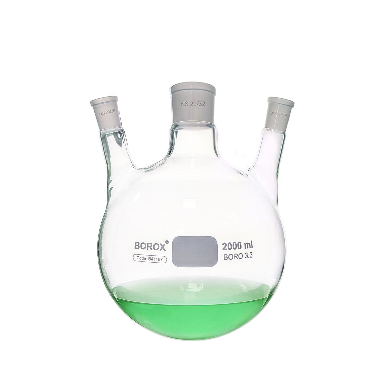 Borox Cam Balon 2000 ml - Dibi Yuvarlak Şilifli - Üç Boyunlu 29/32-19/26