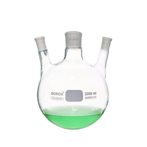 Borox Cam Balon 2000 ml - Dibi Yuvarlak Şilifli - Üç Boyunlu 29/32-19/26