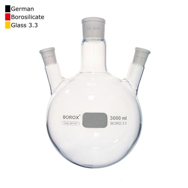 Borox Cam Balon 3000 ml - Dibi Yuvarlak Şilifli - Üç Boyunlu 34/35-24/29