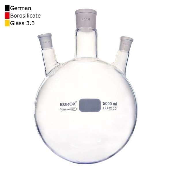 Borox Cam Balon 5000 ml - Dibi Yuvarlak Şilifli - Üç Boyunlu 40/38-24/29