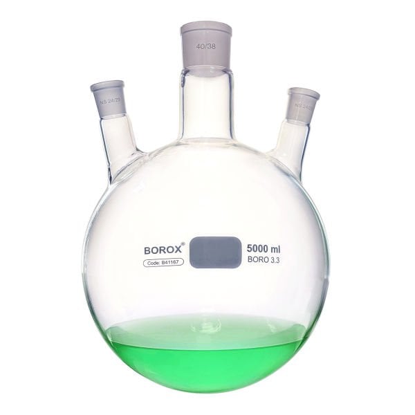 Borox Cam Balon 5000 ml - Dibi Yuvarlak Şilifli - Üç Boyunlu 40/38-24/29