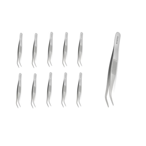 Borox Penset 13 cm Paslanmaz Çelik - Eğri Sivri Uçlu Cımbız - 10 Adet Toptan
