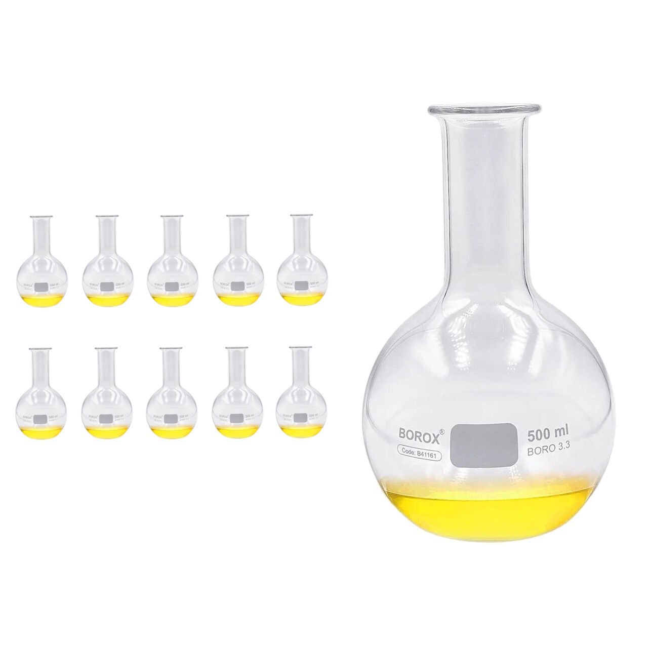 Borox Cam Balon 500 ml - Dibi Düz - Şilifsiz Deney Balonu - 10 Adet Toptan