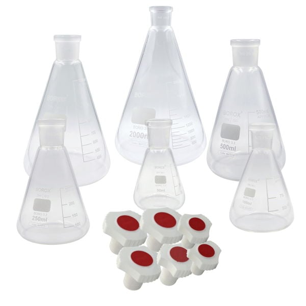 Borox Cam Erlen Seti - Şilifli - 6 Farklı Hacim - Plastik Tıpa Hediyeli