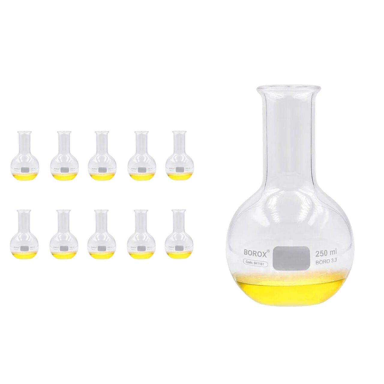 Borox Cam Balon 250 ml - Dibi Düz - Şilifsiz Deney Balonu - 10 Adet Toptan