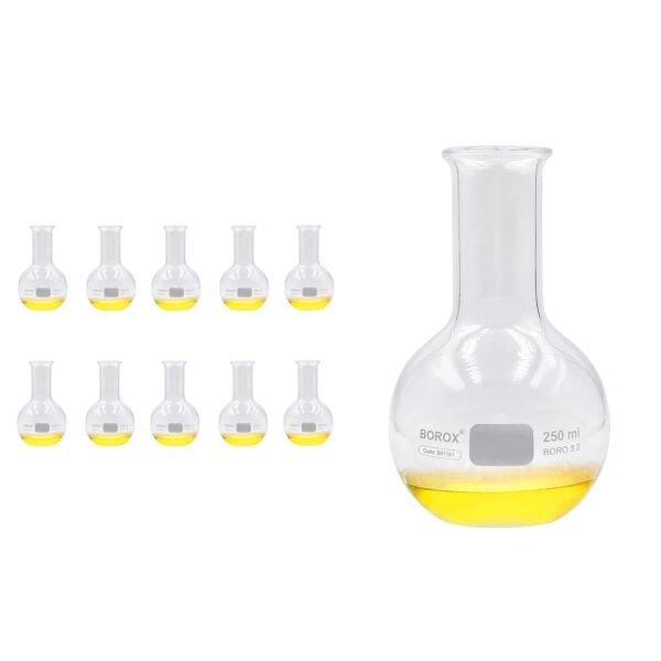 Borox Cam Balon 250 ml - Dibi Düz - Şilifsiz Deney Balonu - 10 Adet Toptan