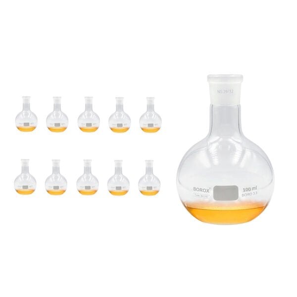 Borox Cam Balon 100 ml - Dibi Düz - Norm Şilifli - 29/32 - 10 Adet Toptan