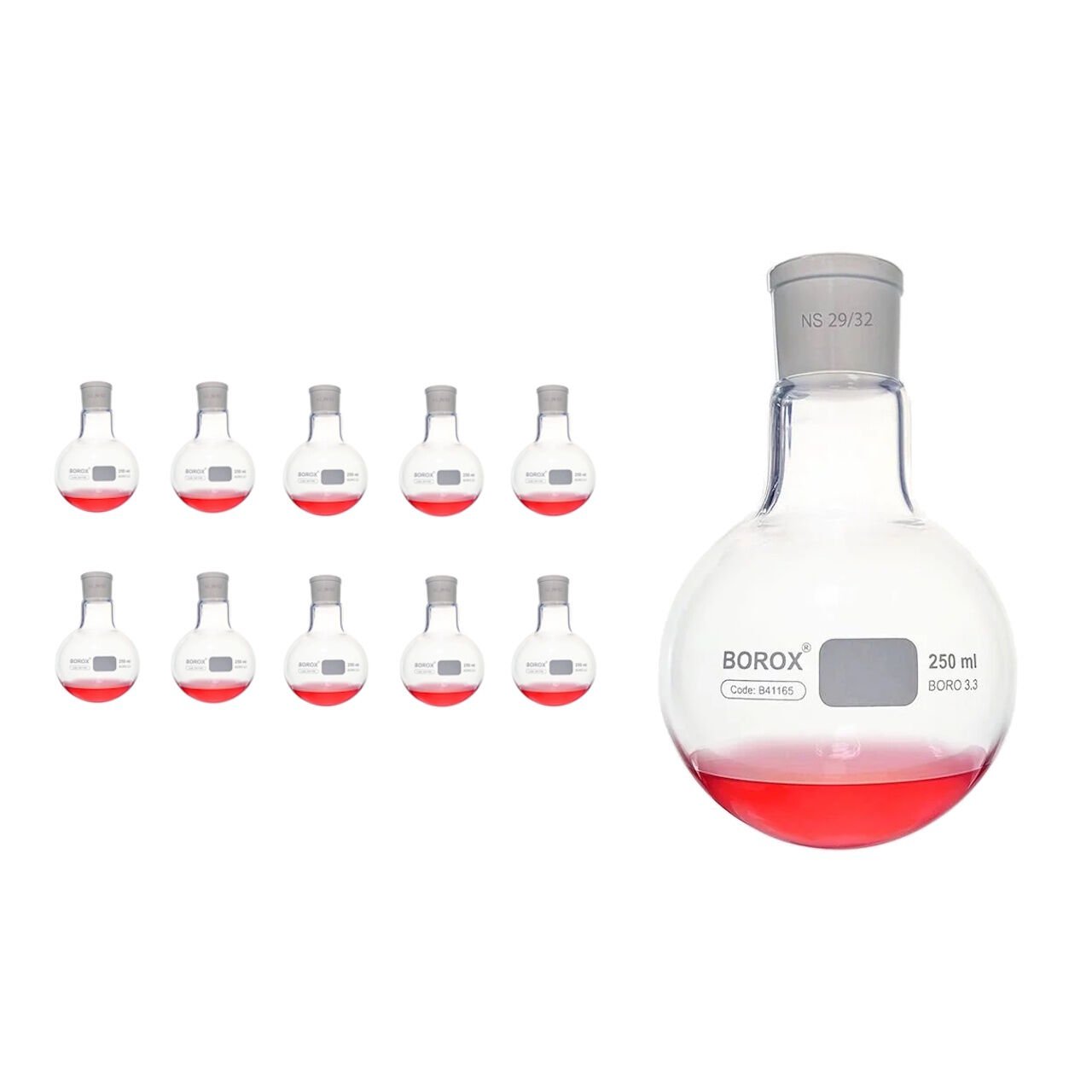 Borox Cam Balon 250 ml - Dibi Yuvarlak - Norm Şilifli 29/32 - Kaynatma Balonu - 10 Adet Toptan