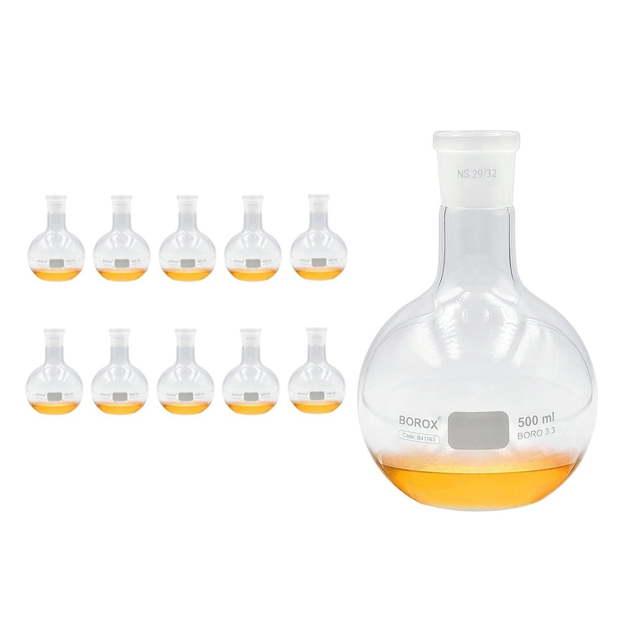 Borox Cam Balon 500 ml - Dibi Düz - Norm Şilifli 29/32 - Uzun Boyunlu - 10 Adet Toptan