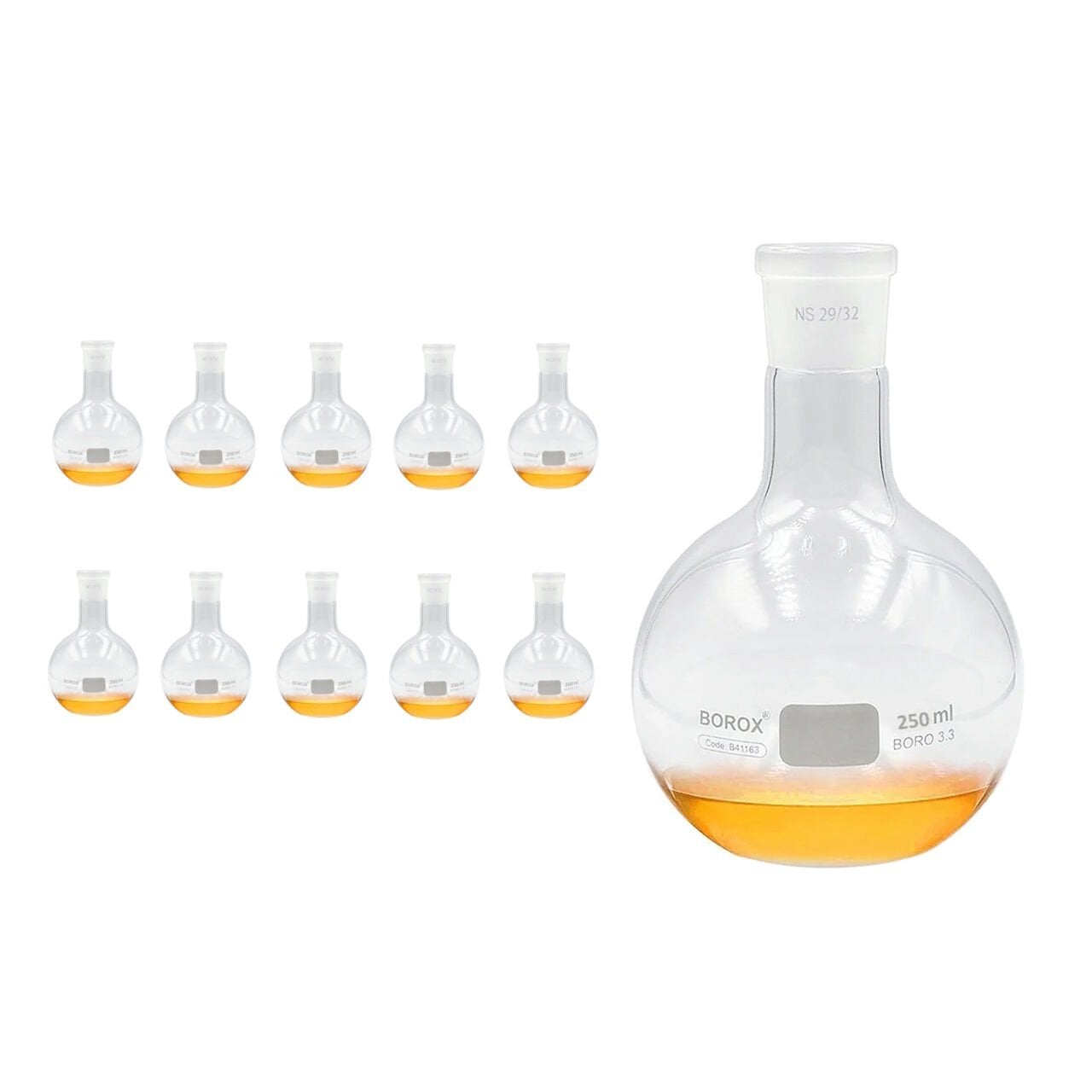 Borox Cam Balon 250 ml - Dibi Düz - Norm Şilifli - 29/32 - 10 Adet Toptan