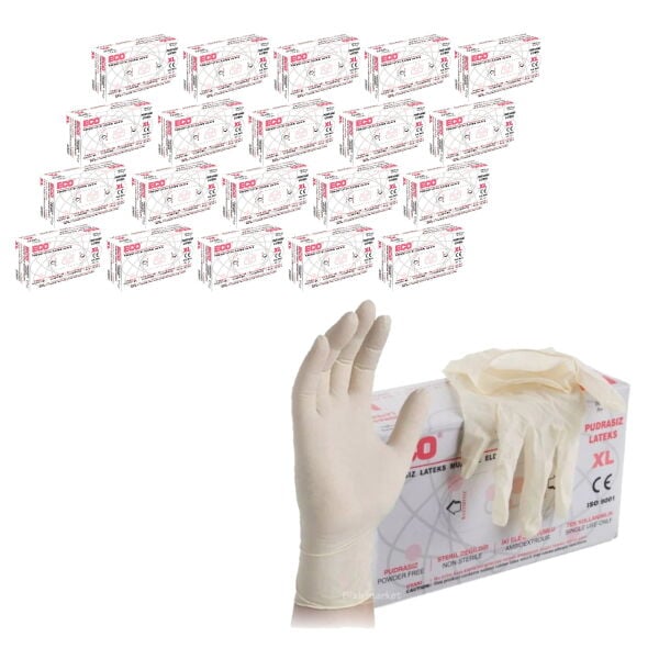 Lateks Eldiven XL - Pudrasız Latex Muayene Eldiveni 20 Kutu