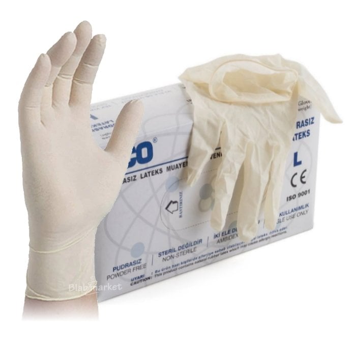 Lateks Eldiven L Beden - Pudrasız Latex Muayene Eldiveni