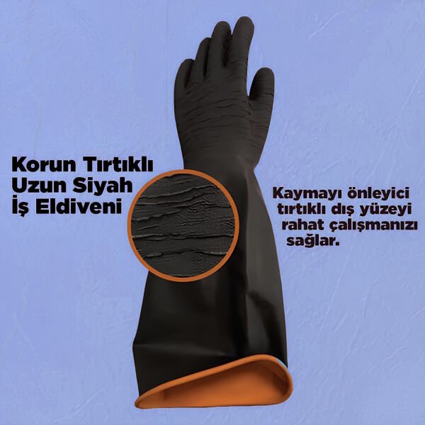 Borox Lateks Uzun Eldiven 45 cm - Korun Tırtıklı Uzun Siyah İş Eldiveni