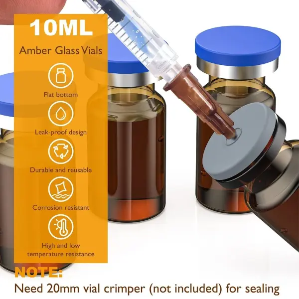 Borox Kapaklı Tıpalı Amber Cam Şişe 10ml - Crimp Vial ND20 - Dibi Düz - 100 Adet/Paket