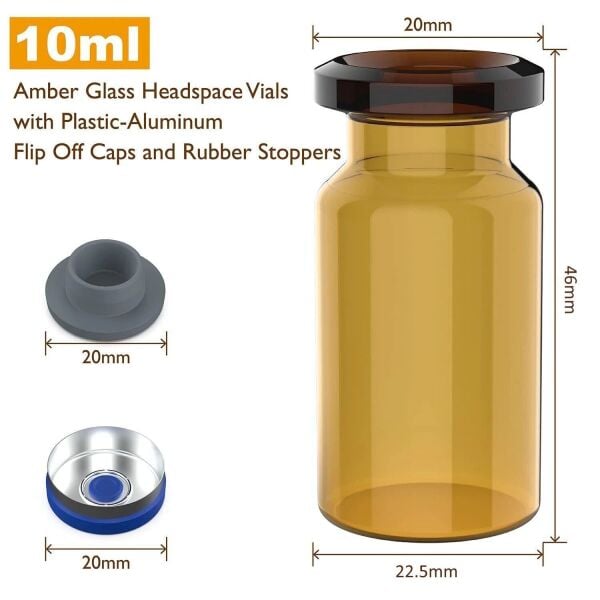 Borox Kapaklı Tıpalı Amber Cam Şişe 10ml - Crimp Vial ND20 - Dibi Düz - 100 Adet/Paket