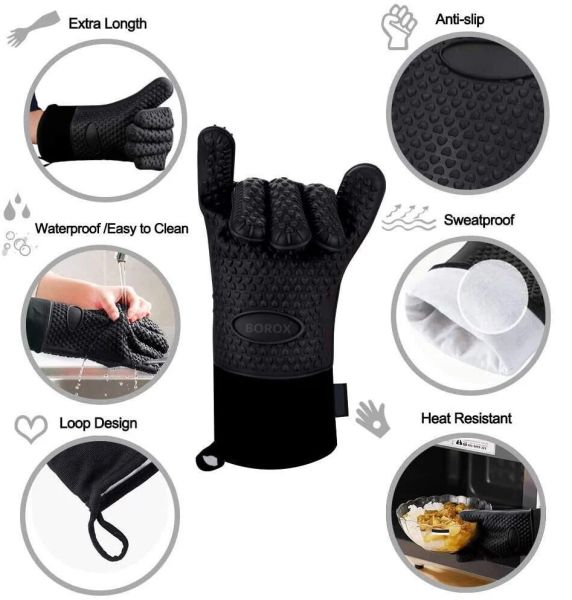 Borox Silikon Eldiven - Isıya Dayanıklı – Su Geçirmez - Siyah Fırın Bulaşık Eldiveni - 10 Çift