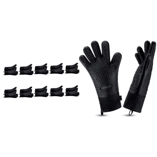 Borox Silikon Eldiven - Isıya Dayanıklı – Su Geçirmez - Siyah Fırın Bulaşık Eldiveni - 10 Çift