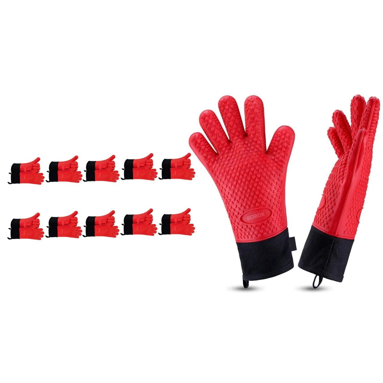Borox Silikon Eldiven - Isıya Dayanıklı - Su Geçirmez - Kırmızı Fırın Bulaşık Eldiveni - 10 Çift