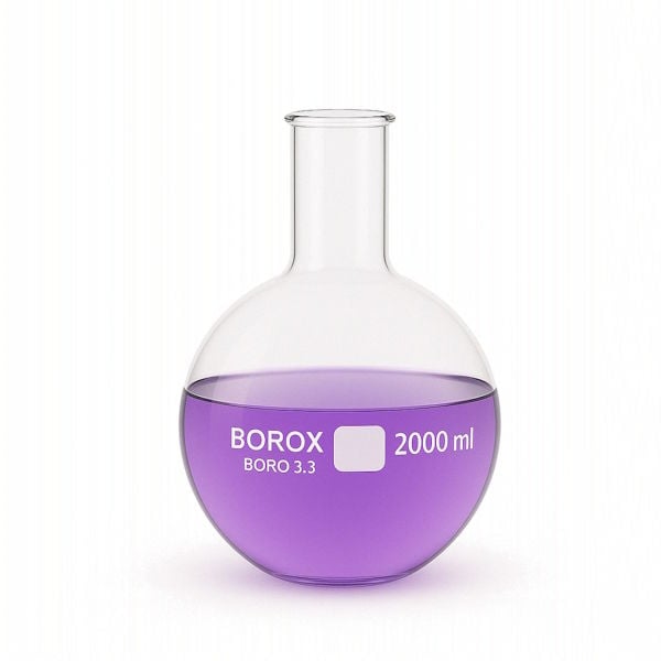 Borox Cam Balon 2000 ml - Dibi Düz - Şilifsiz Deney Balonu