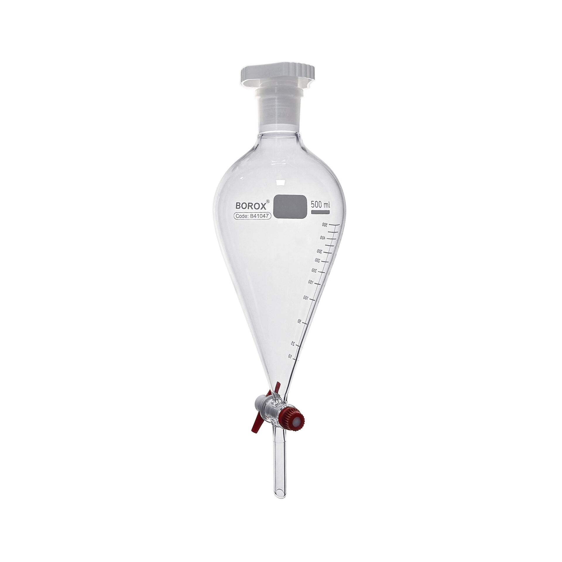Borox Cam Ayırma Hunisi 500 ml - Armudi Tip - Teflon Musluklu Tıpalı - Hacim Ölçekli