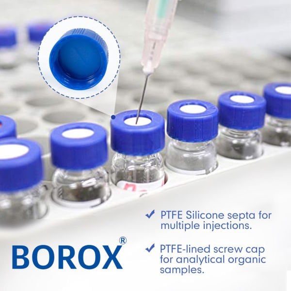 BOROX Yarıksız Mavi Screw Vial Kapağı ND9 - Mavi PTFE/Beyaz Silikon Septa - 100lü