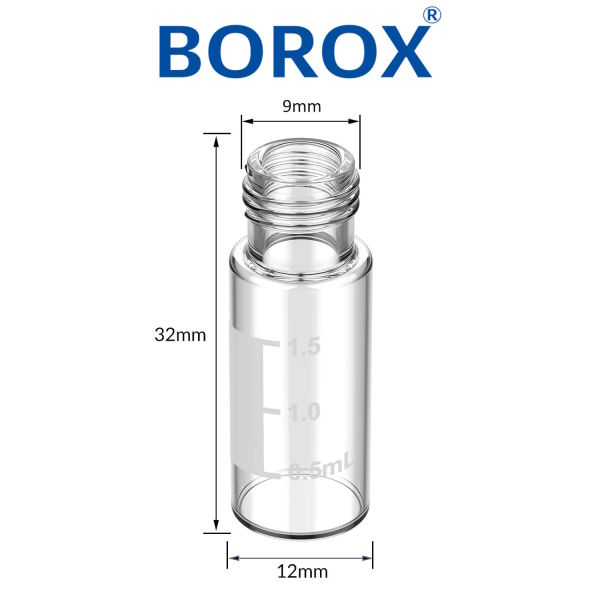 Borox Cam Vial 2 ml - Şeffaf - Vida Boyun ND9 - Hacim Ölçekli - 100 adet/paket