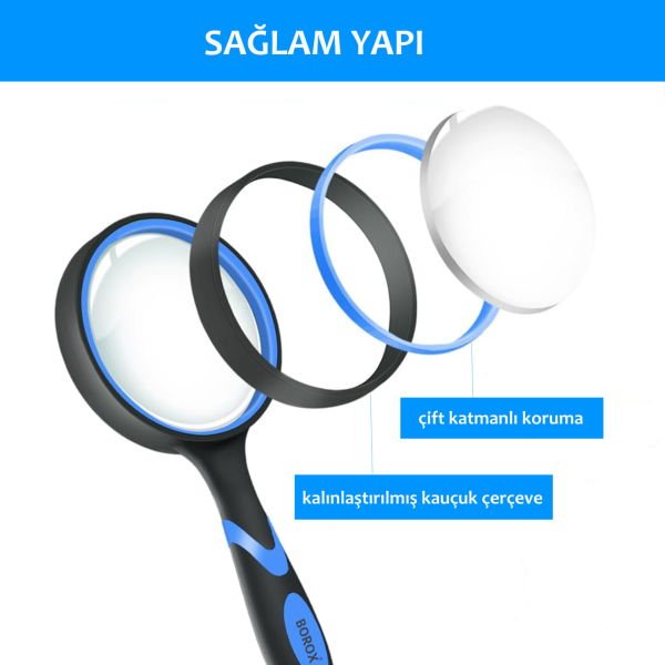 Borox Büyüteç - Cam Mercekli - Silikon Saplı - 6x Büyütmeli - 50mm