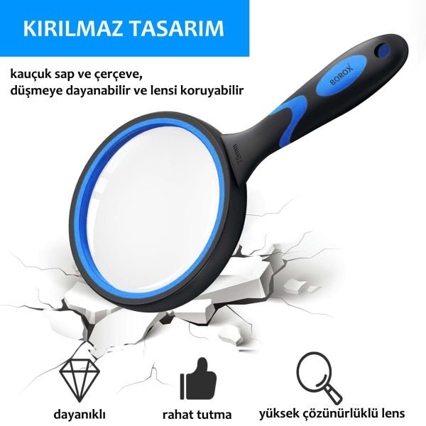 Borox Büyüteç - Cam Mercekli - Silikon Saplı - 6x Büyütmeli - 65mm