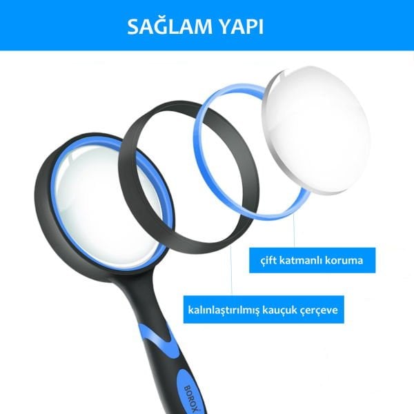 Borox Büyüteç - Cam Mercekli - Silikon Saplı - 3x Büyütmeli - 100mm