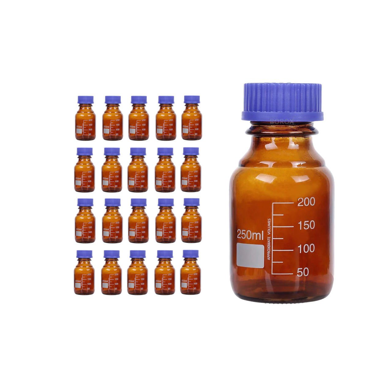 Borox Amber Cam Şişe 250 ml - Vida Kapaklı Boş Numune Şişesi - Otoklav Şişe - 20 Adet Toptan