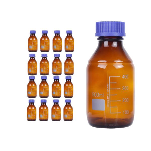 Borox Amber Cam Şişe 500 ml - Vida Kapaklı Boş Numune Şişesi - Otoklav Şişe - 16 Adet Toptan
