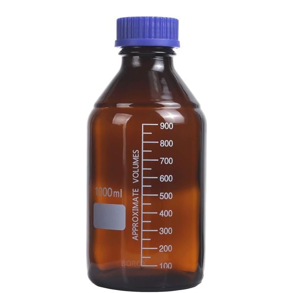 Borox Amber Cam Şişe 1000 ml - Vida Kapaklı Boş Numune Şişesi - Otoklav Şişe - 12 Adet Toptan