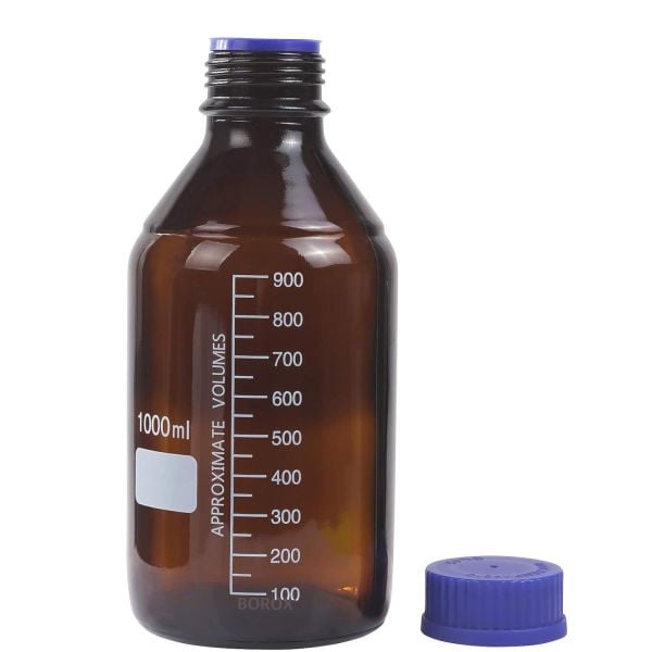 Borox Amber Cam Şişe 1000 ml - Vida Kapaklı Boş Numune Şişesi - Otoklav Şişe - 12 Adet Toptan