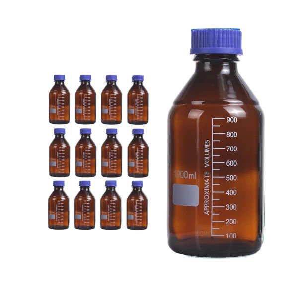 Borox Amber Cam Şişe 1000 ml - Vida Kapaklı Boş Numune Şişesi - Otoklav Şişe - 12 Adet Toptan