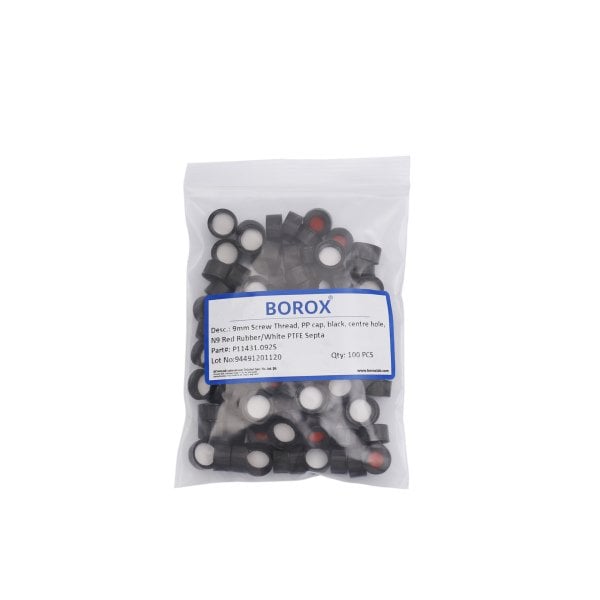 BOROX Yarıksız Siyah Screw Vial Kapağı ND9 - Beyaz PTFE/Kırmızı Silikon Septa - 100lü