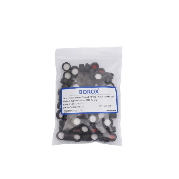 BOROX Yarıksız Siyah Screw Vial Kapağı ND9 - Beyaz PTFE/Kırmızı Silikon Septa - 100lü